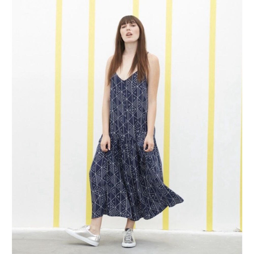 Ali Golden Womens Adjustable Straps Navy Print Rayon Midi Dress Sz XS Drop Waist